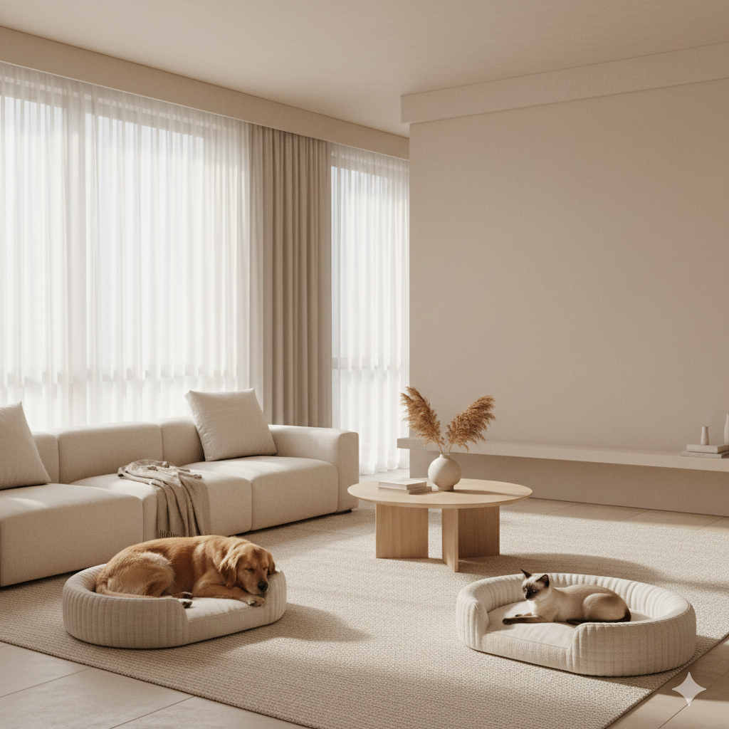Modern living room with beige sectional sofa, round coffee table, and two dogs on pet beds.