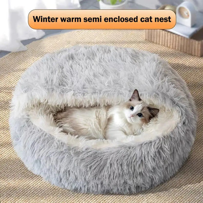 Semi Enclosed Winter Cat Bed – Warm Fluffy Washable Cat Cave Sleeping Bag for Kittens and Puppies
