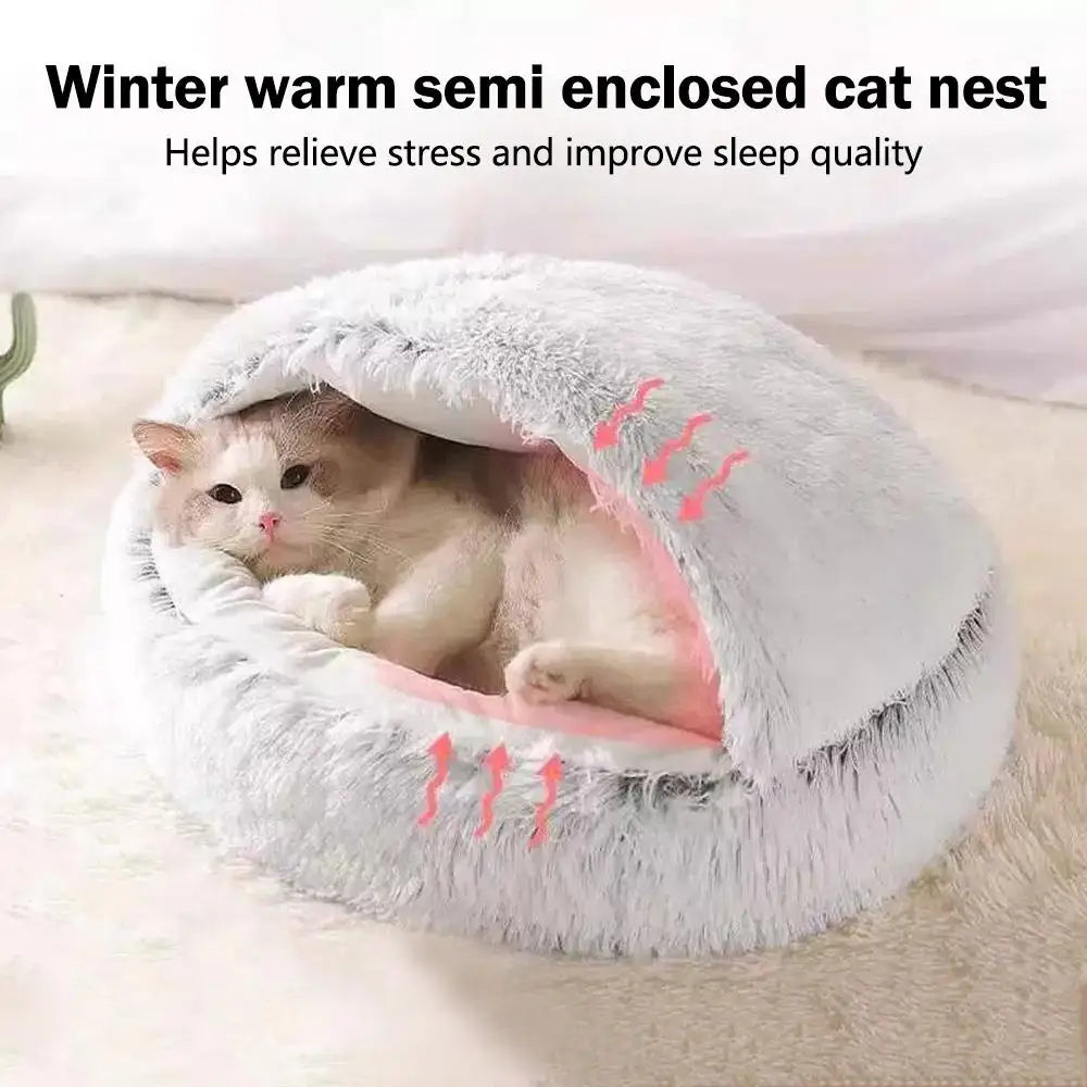 Semi Enclosed Winter Cat Bed – Warm Fluffy Washable Cat Cave Sleeping Bag for Kittens and Puppies