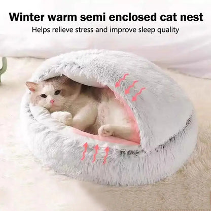 Semi Enclosed Winter Cat Bed – Warm Fluffy Washable Cat Cave Sleeping Bag for Kittens and Puppies
