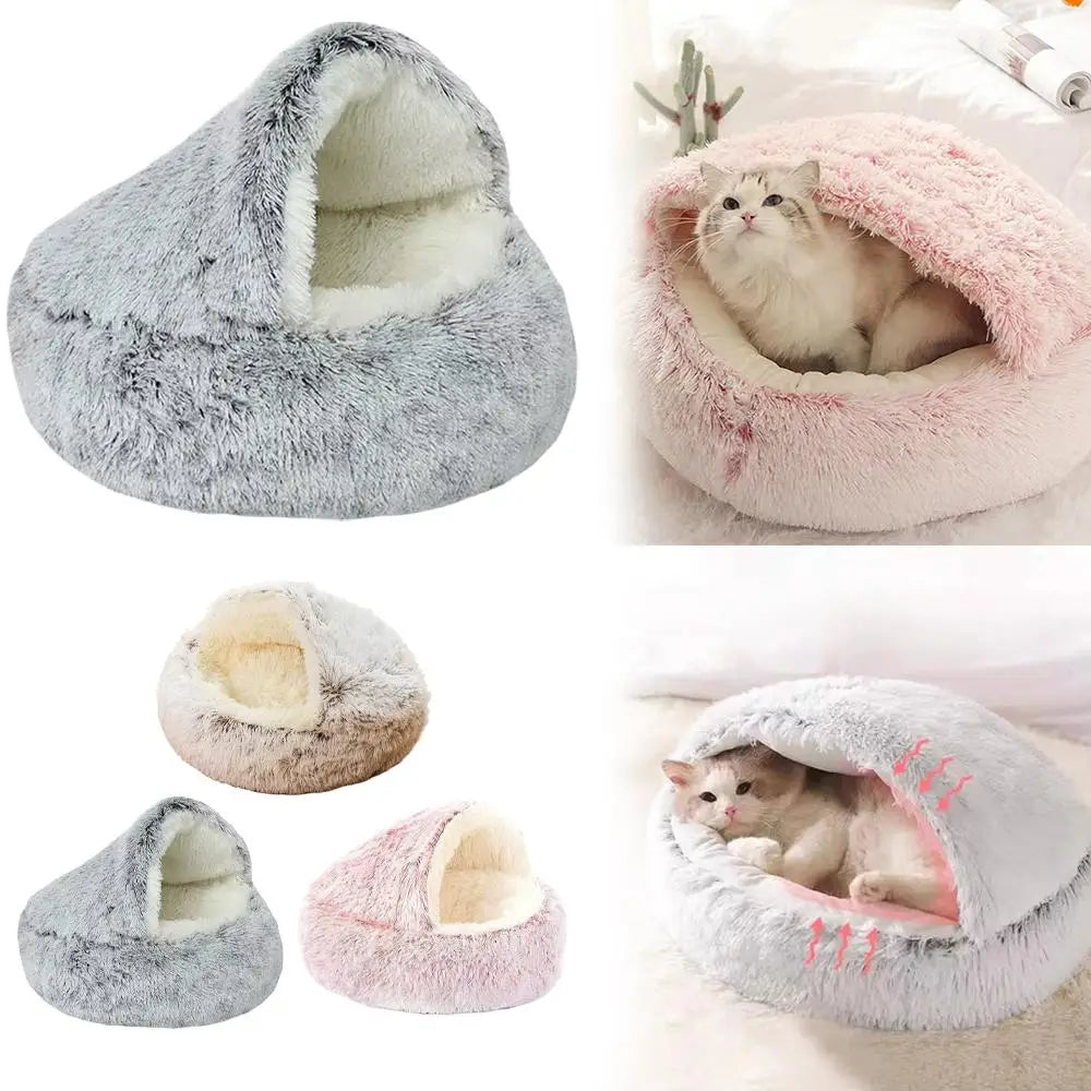 Semi Enclosed Winter Cat Bed – Warm Fluffy Washable Cat Cave Sleeping Bag for Kittens and Puppies