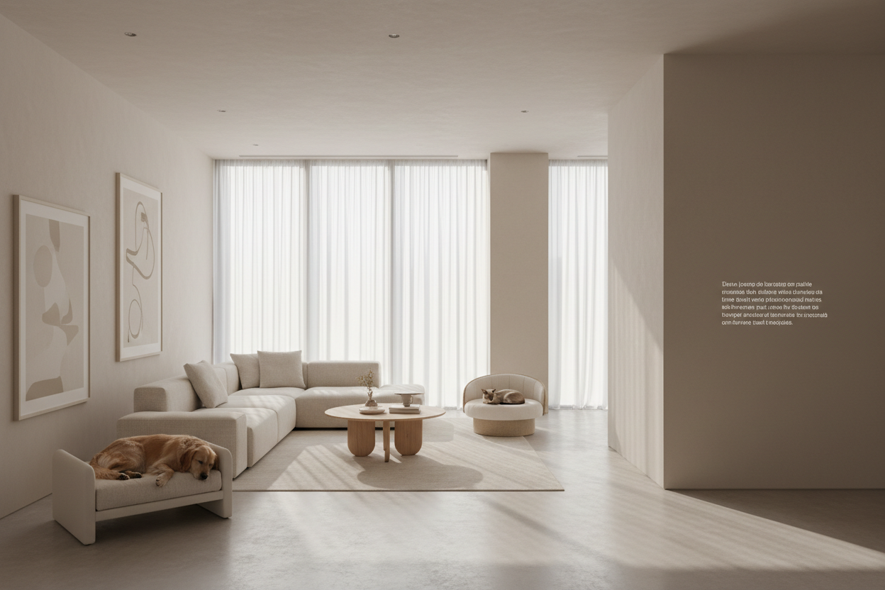 A wide-angle professional photography of a luxury minimalist living room with high-end pet furniture. A beautiful Golden Retriever and a sleek Siamese cat resting comfortably on aesthetic pet beds. Natural sunlight streaming through large windows. The interior is decorated in soft beige (#F0E9E6) and cream tones. Large empty space on one side for website text. 8k resolution, cinematic lighting, Vogue living style.